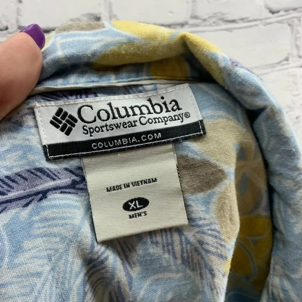 Columbia Hawaiian Shirt Linen Blend Mens Sz XL Pale‎ Blue Print